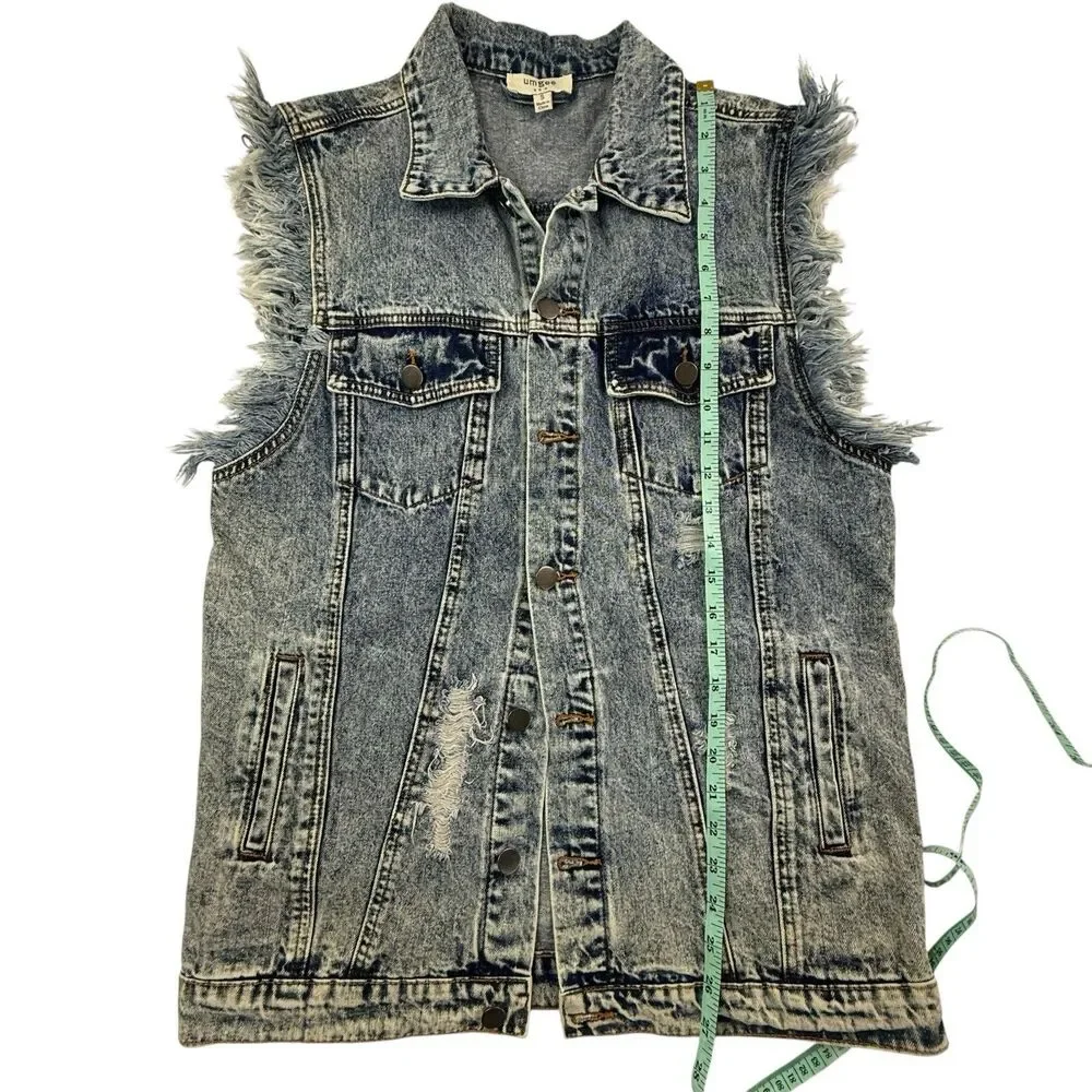 Umgee Acid Washed Denim Midi Vest Women Small Retro 90s Frayed Factory Distress - Picture 12 of 12